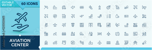 Aviation Center icons set in linear style. Icons info, luggage, board, check, bus, transportation, waiting and more. Set of line pictogram. Vector icons editable stroke.