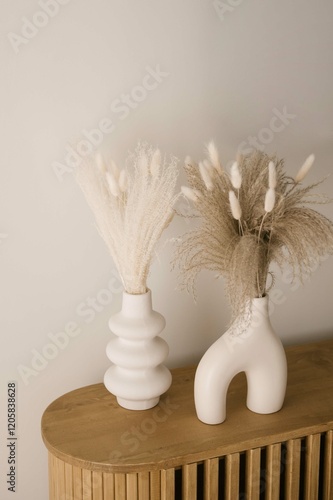Obraz na płótnie vase with dried flowers, details of stylish interior of cozy house in Japandi style w salonie