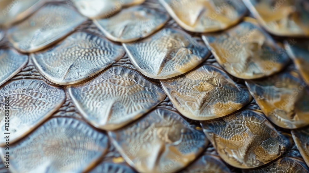 Close-up of textured scales showcasing intricate patterns and natural colors. Close-up of textured scales showcasing intricate patterns and natural colors.