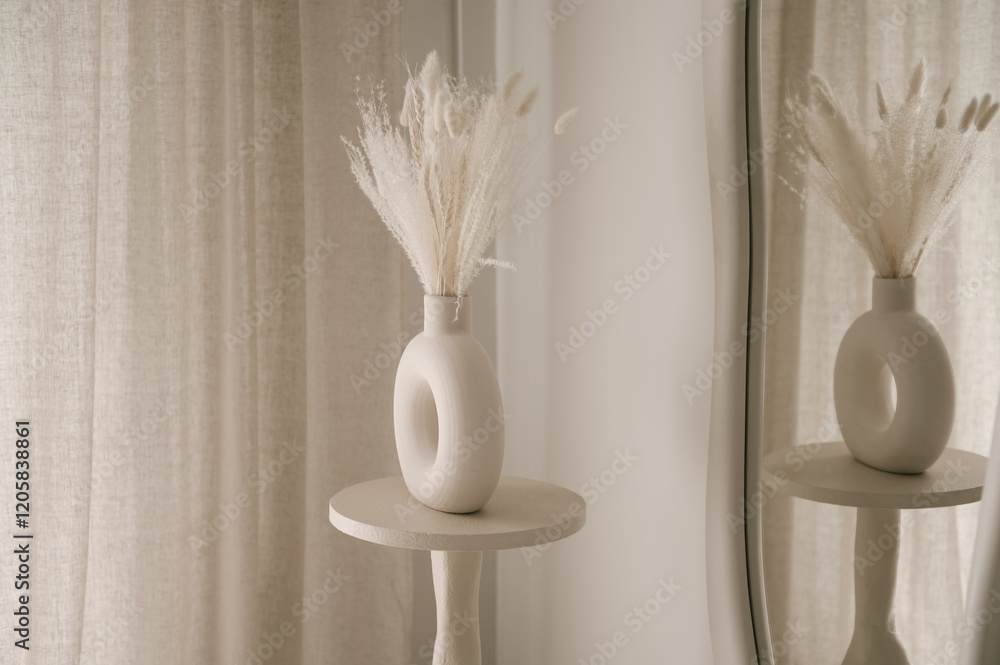 Beautiful light beige interior with curved mirror in wooden frame in japandi and wawabi sabi style, cozy home concept