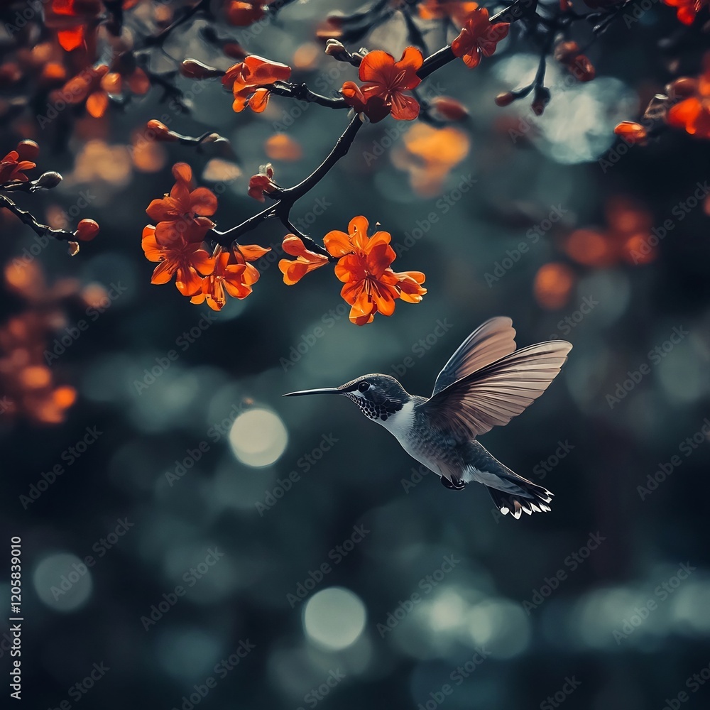 Fototapeta premium Hummingbird Hovering Near Vibrant Red Orange Flowers on Blurred Natural Background