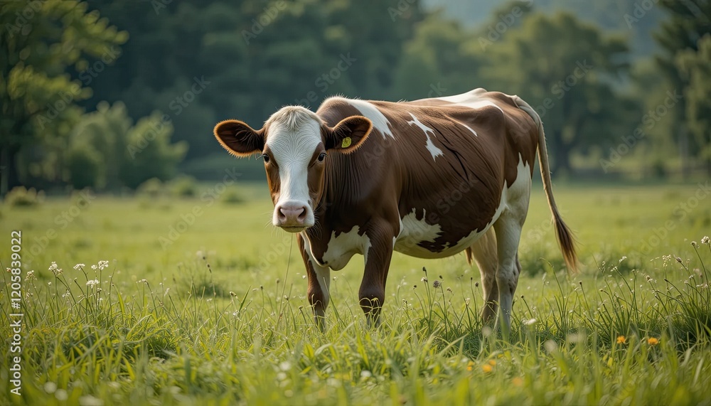 A gentle cow calmly grazing in a lush green pasture, representing peaceful rural life, the essential role of livestock in agriculture, and the sustainable practices of farming communities- A gentle cow calmly grazing in a lush green pasture, representing peaceful rural life, the essential role of livestock in agriculture, and the sustainable practices of farming communities-