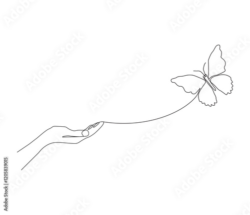 Continuous one line drawing of hand holding butterfly . Beautiful flying moth for wellbeing beauty or spa salon logo in simple linear style  . Concept vector art . Doodle line illustration.