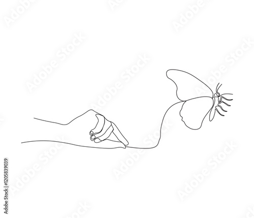 Continuous one line drawing of hand holding butterfly . Beautiful flying moth for wellbeing beauty or spa salon logo in simple linear style  . Concept vector art . Doodle line illustration.