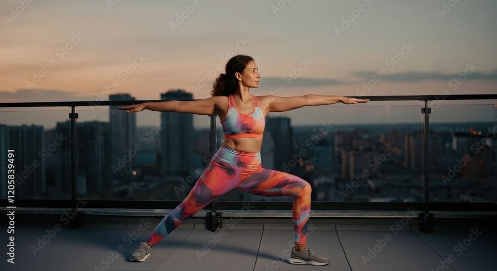 Fototapeta premium Young female practicing yoga on rooftop with urban skyline at sunset for fitness and wellness