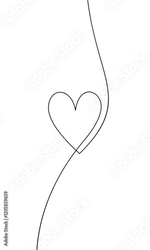 Heart one line drawing in the middle of a vertical line, Continuous black thin line on a white background