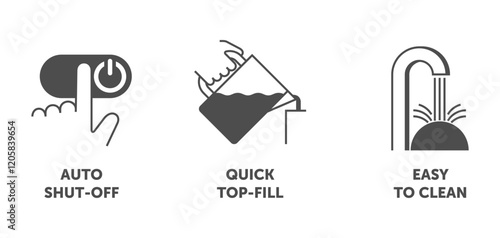 Air Humidifier monochrome icons - Quick Top-fill, Easy to clean, Auto Shut-off 