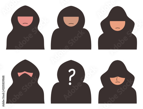 A collection of hooded figures showcasing various facial expressions, ideal for illustrating anonymity and mystery in design projects.