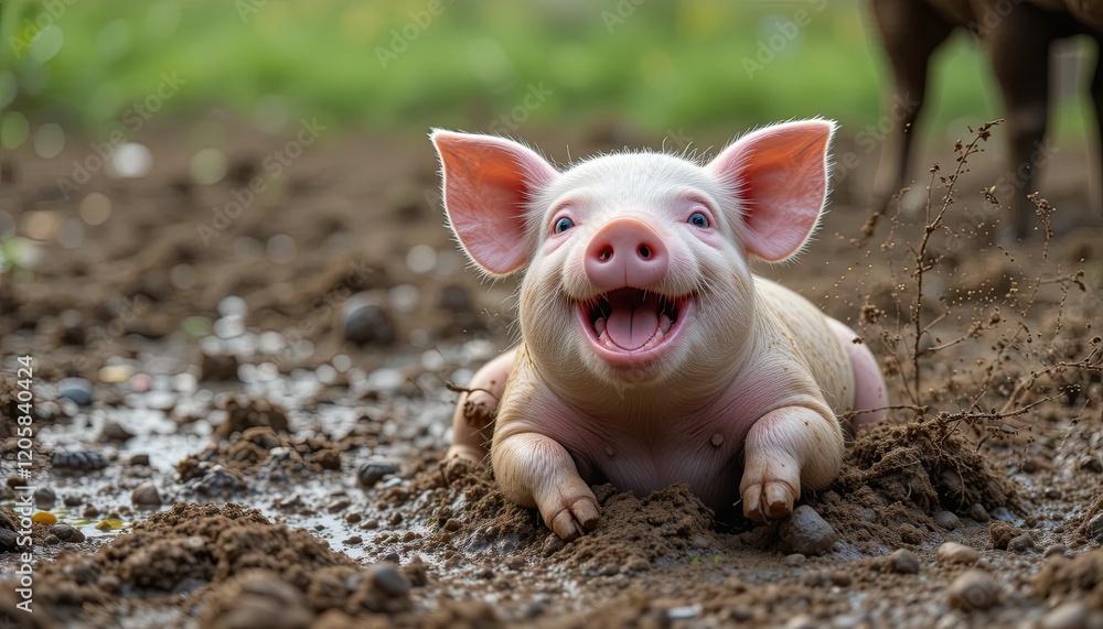 A playful pig rolling in the mud, symbolizing happiness, contentment, and the down-to-earth nature of farm animals, highlighting their charm and importance on rural farms A playful pig rolling in the mud, symbolizing happiness, contentment, and the down-to-earth nature of farm animals, highlighting their charm and importance on rural farms