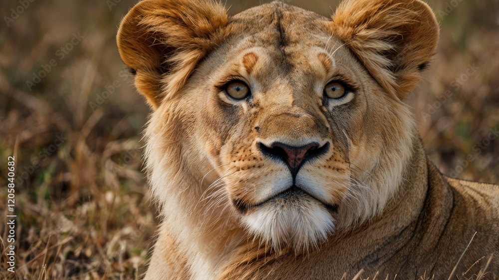 Fototapeta premium The majestic lion rests in tall grass, its keen eyes facing forward with an alert expression that commands attention.