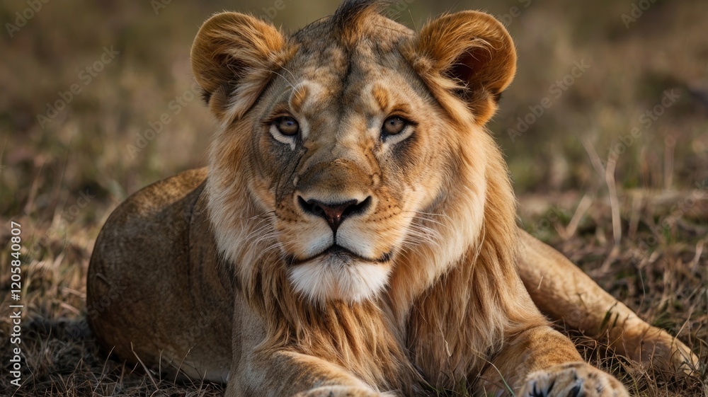 The majestic lion rests in tall grass, its keen eyes facing forward with an alert expression that commands attention. The majestic lion rests in tall grass, its keen eyes facing forward with an alert expression that commands attention.