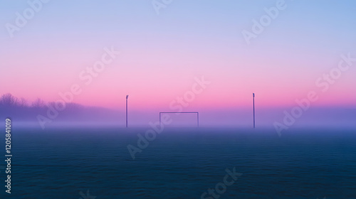 A foggy football field at dawn, with goalposts barely visible in the distance, during an eerie morning