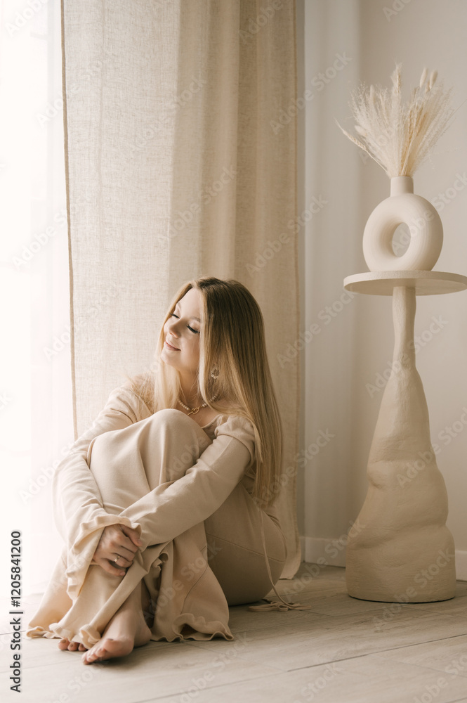 Beautiful blonde woman posing in a beautiful modern stylish beige interior