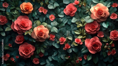 Velvet background, 3D paper and pencil style rose and peony wallpapers in different directions, decorated with small leaves