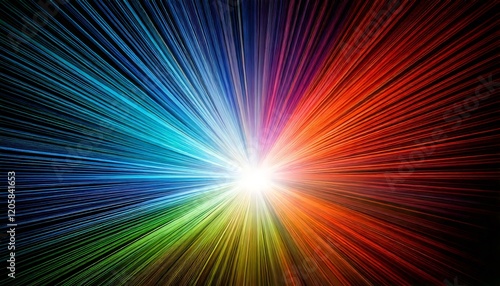 Vibrant starburst expanding with rainbow colors on black background