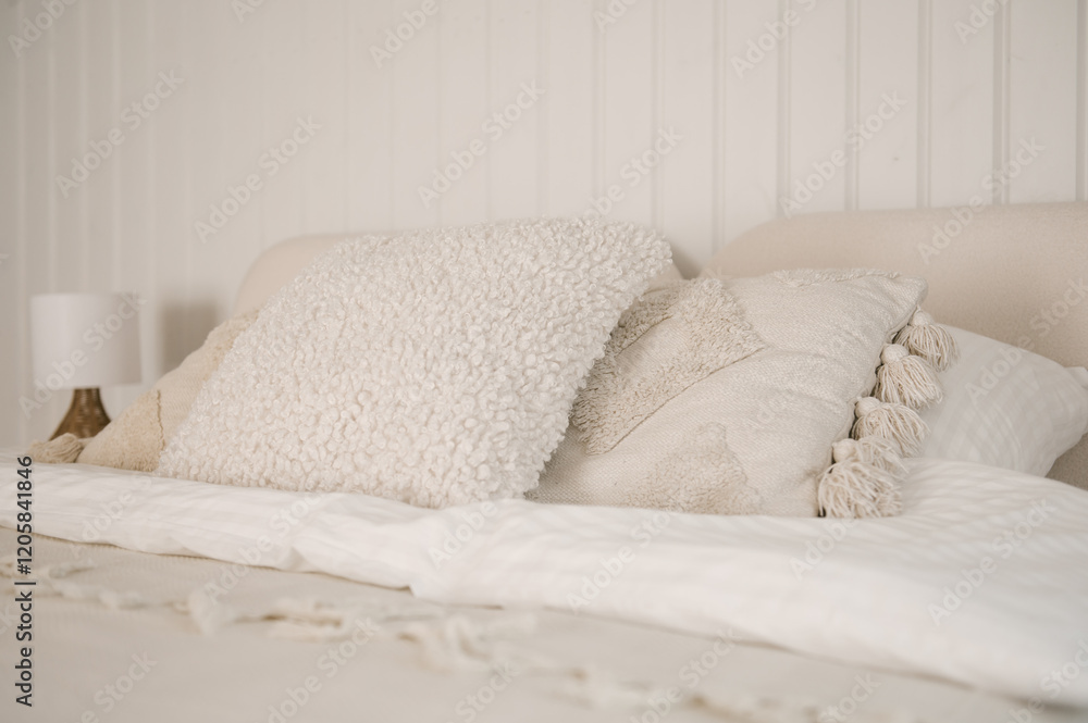 Beautiful light beige interior with soft white bed decorated with pillows in japandi and wawabi sabi style, cozy home concept