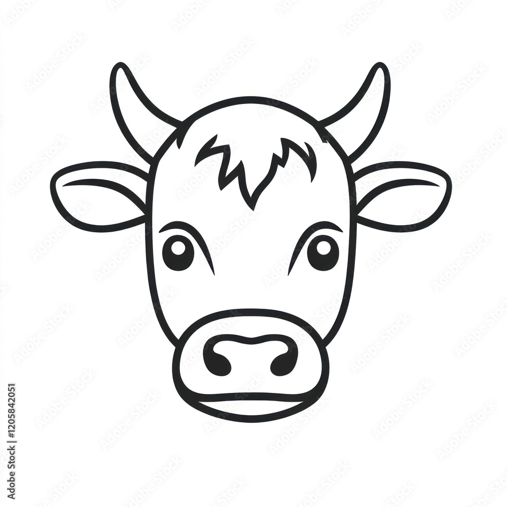 Cute cartoon cow head, farm animal, white background, children's book illustration