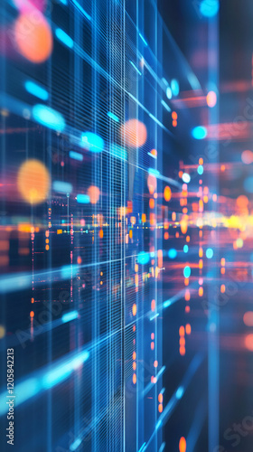 Abstract server room perspective with colorful bokeh and data streams moving fast, representing big data, cloud computing and modern technology