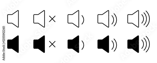 sound volume icon set collection. black colored line and flat model. sound volume icon set small to large. vector illustration
