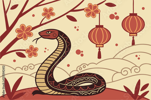 celebration of Chinese New Year 2025, highlighting the Year of the Snake. With bright colors and traditional elements like red lanterns and elegant snake motifs, the image captures a festive and cultu