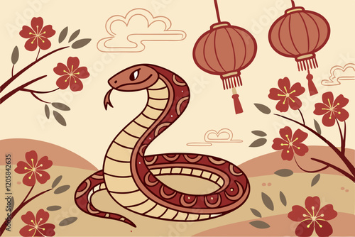 celebration of Chinese New Year 2025, highlighting the Year of the Snake. With bright colors and traditional elements like red lanterns and elegant snake motifs, the image captures a festive and cultu