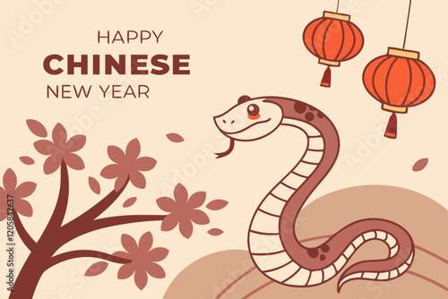 celebration of Chinese New Year 2025, highlighting the Year of the Snake. With bright colors and traditional elements like red lanterns and elegant snake motifs, the image captures a festive and cultu