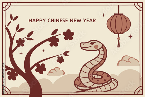 celebration of Chinese New Year 2025, highlighting the Year of the Snake. With bright colors and traditional elements like red lanterns and elegant snake motifs, the image captures a festive and cultu