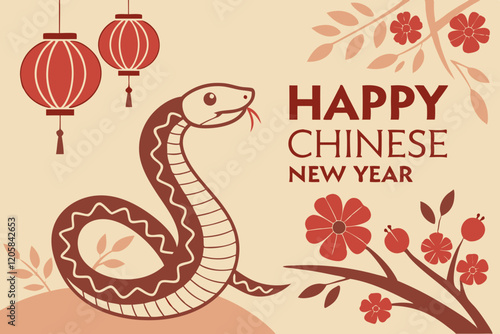 celebration of Chinese New Year 2025, highlighting the Year of the Snake. With bright colors and traditional elements like red lanterns and elegant snake motifs, the image captures a festive and cultu