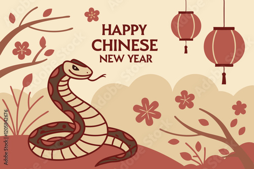 celebration of Chinese New Year 2025, highlighting the Year of the Snake. With bright colors and traditional elements like red lanterns and elegant snake motifs, the image captures a festive and cultu