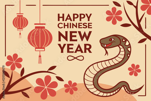 celebration of Chinese New Year 2025, highlighting the Year of the Snake. With bright colors and traditional elements like red lanterns and elegant snake motifs, the image captures a festive and cultu