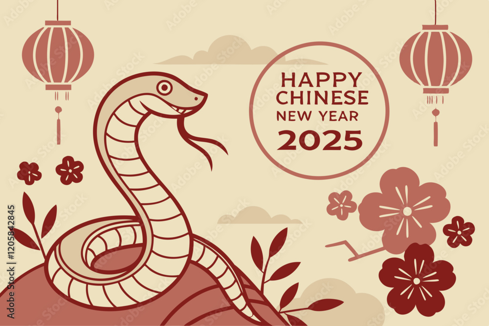 Fototapeta premium celebration of Chinese New Year 2025, highlighting the Year of the Snake. With bright colors and traditional elements like red lanterns and elegant snake motifs, the image captures a festive and cultu