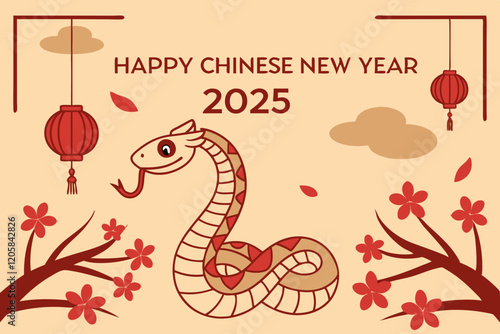 celebration of Chinese New Year 2025, highlighting the Year of the Snake. With bright colors and traditional elements like red lanterns and elegant snake motifs, the image captures a festive and cultu