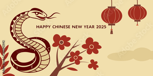 celebration of Chinese New Year 2025, highlighting the Year of the Snake. With bright colors and traditional elements like red lanterns and elegant snake motifs, the image captures a festive and cultu