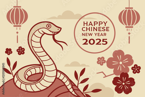 celebration of Chinese New Year 2025, highlighting the Year of the Snake. With bright colors and traditional elements like red lanterns and elegant snake motifs, the image captures a festive and cultu