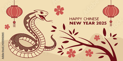 celebration of Chinese New Year 2025, highlighting the Year of the Snake. With bright colors and traditional elements like red lanterns and elegant snake motifs, the image captures a festive and cultu