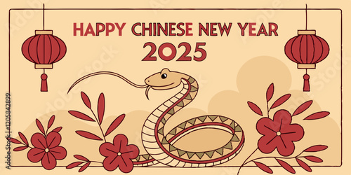 celebration of Chinese New Year 2025, highlighting the Year of the Snake. With bright colors and traditional elements like red lanterns and elegant snake motifs, the image captures a festive and cultu