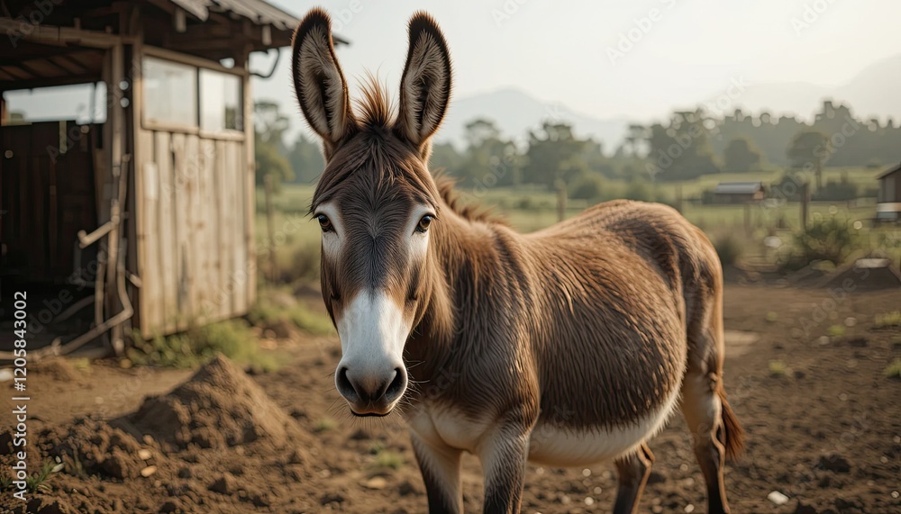 , A gentle donkey standing on a farm, symbolizing humility, hard work, and the quiet strength of rural life, serving as a companion and worker in agricultural communities- , A gentle donkey standing on a farm, symbolizing humility, hard work, and the quiet strength of rural life, serving as a companion and worker in agricultural communities-