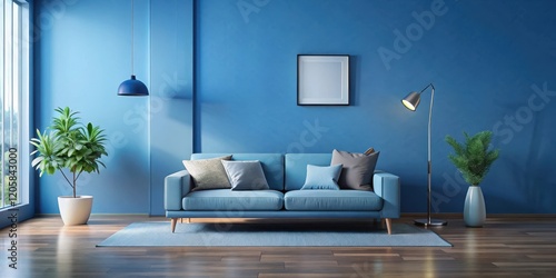 A serene and calming blue room with modern decor featuring a minimalist sofa