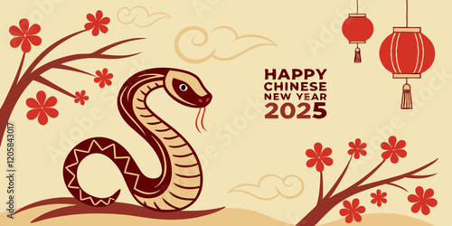 celebration of Chinese New Year 2025, highlighting the Year of the Snake. With bright colors and traditional elements like red lanterns and elegant snake motifs, the image captures a festive and cultu