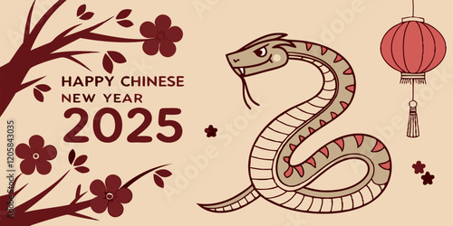 celebration of Chinese New Year 2025, highlighting the Year of the Snake. With bright colors and traditional elements like red lanterns and elegant snake motifs, the image captures a festive and cultu