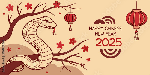 celebration of Chinese New Year 2025, highlighting the Year of the Snake. With bright colors and traditional elements like red lanterns and elegant snake motifs, the image captures a festive and cultu