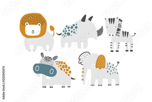 Vector illustration of cute funny African animals. Lion, rhino, zebra, hippo, elephant. Safari. Jungle. Tropics. Animal characters for children. Perfect for cards, invitations, posters, wallpapers.