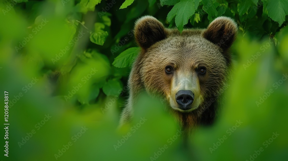 Fototapeta premium Brown Bear Emerging From Lush Green Foliage
