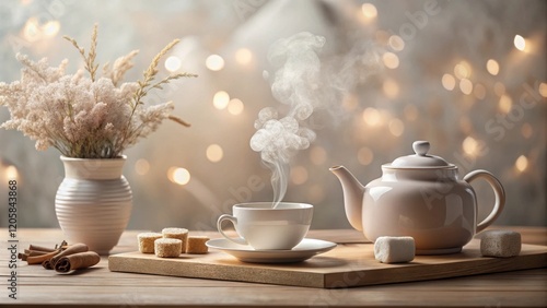 Aromatic Steam Rising from a Cup of Tea on a Wooden Tray with Sugar Cubes and Cinnamon Sticks, Set Against a Soft Bokeh Background
