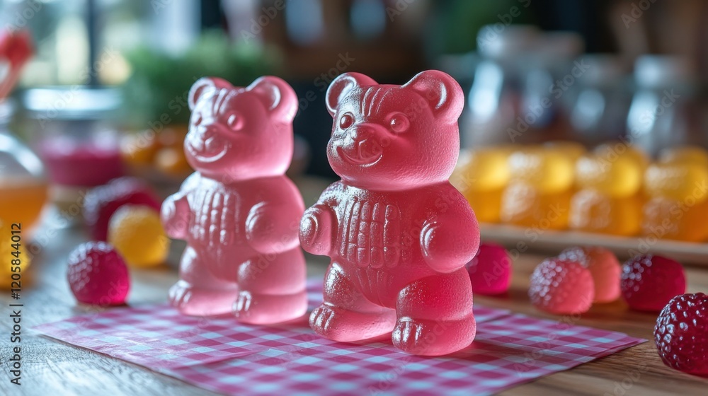 Obraz premium 3 HARIBO jelly(Gummy Bear) pink check board background on top view.