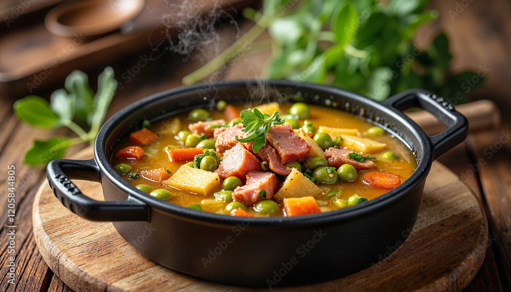 Hernekeitto bowl steaming with vegetables and ham on rustic table, comfort food Hernekeitto bowl steaming with vegetables and ham on rustic table, comfort food