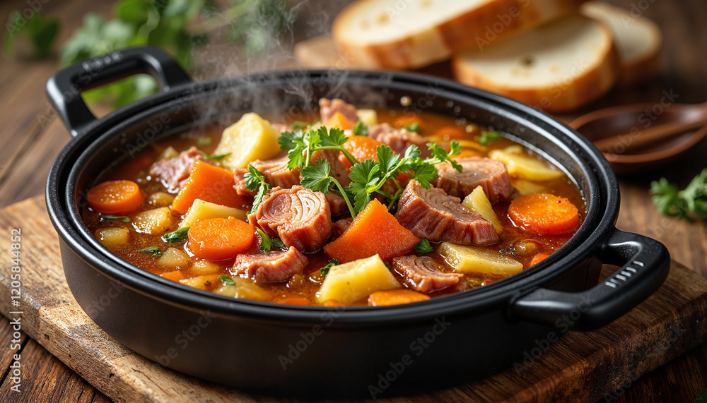 Hernekeitto steaming in rustic bowl, comforting meal concept Hernekeitto steaming in rustic bowl, comforting meal concept