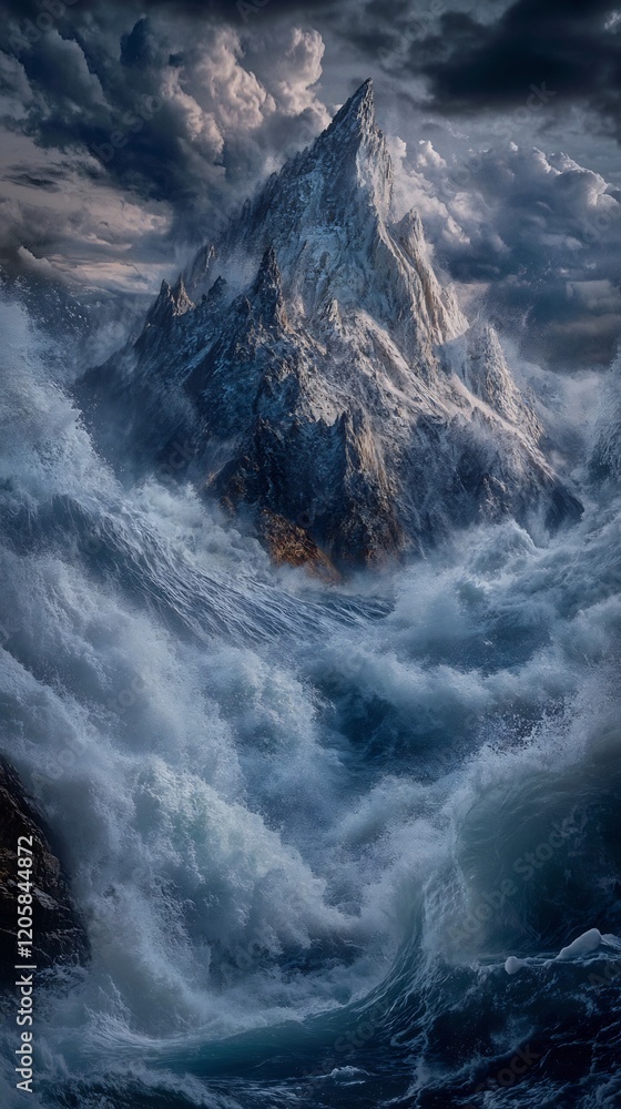 Obraz premium Majestic Mountain Peak Engulfed in Stormy Seascape