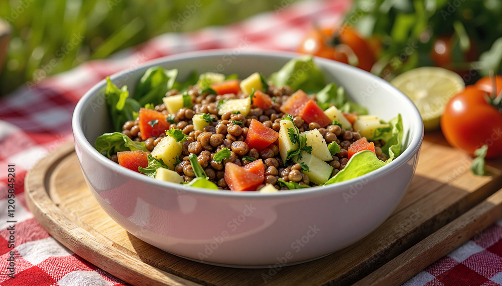 Vibrant lentil salad in bowl on picnic blanket, healthy outdoor dining Vibrant lentil salad in bowl on picnic blanket, healthy outdoor dining