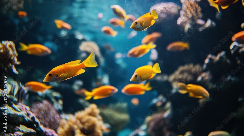 Fototapeta premium School of yellow fish swims through a vibrant coral reef.